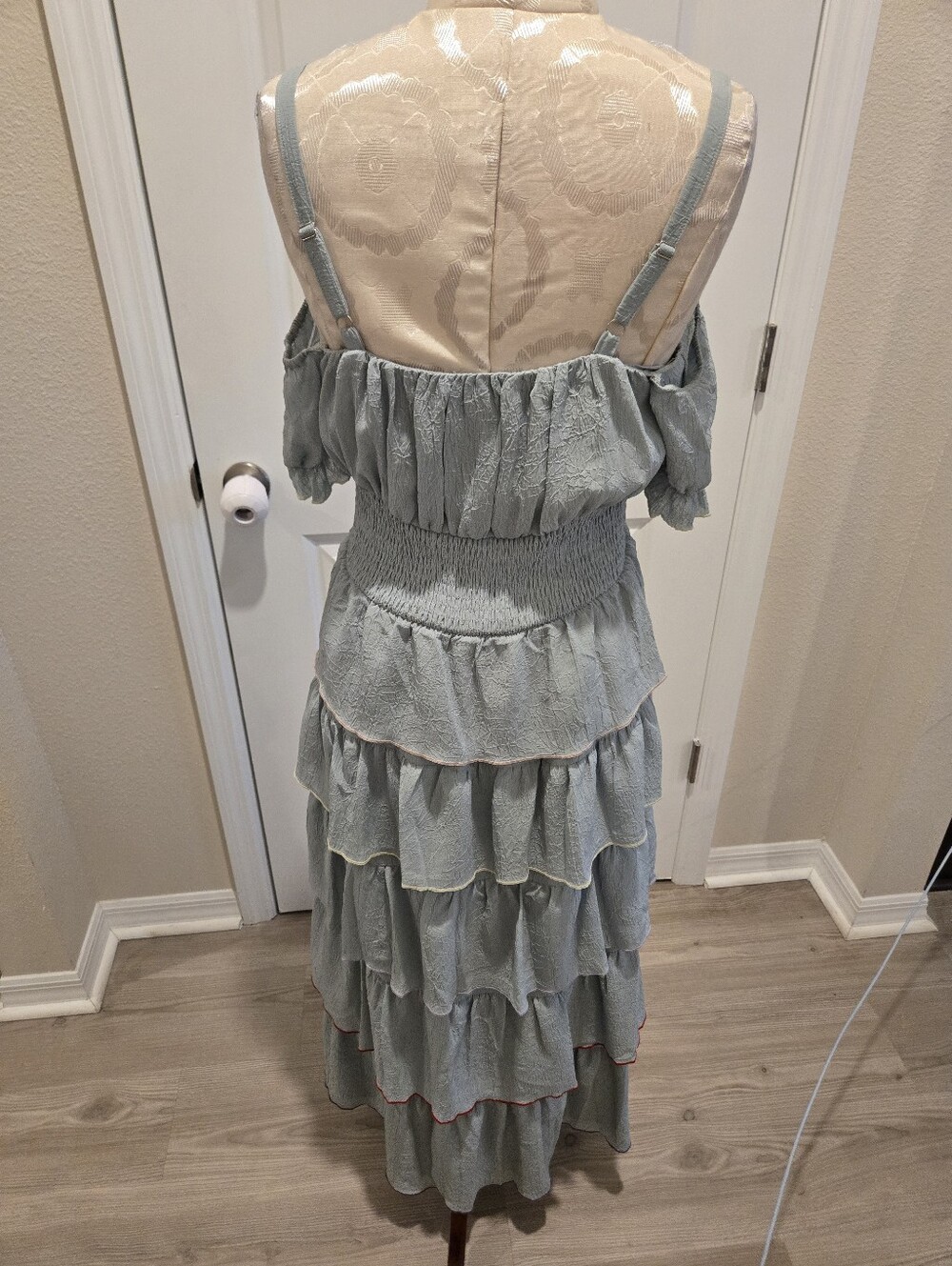 Aqua Tiered Off-Shoulder Maxi Dress, Sage With Multi Color Hem Thread, Size Med - Picture 8 of 10